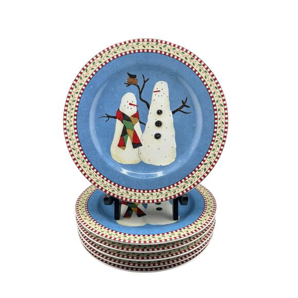 Vintage 1990s Debbie Mumm Sakura Holiday Snowman Dessert Plates Set of 6 - Picture 1 of 3